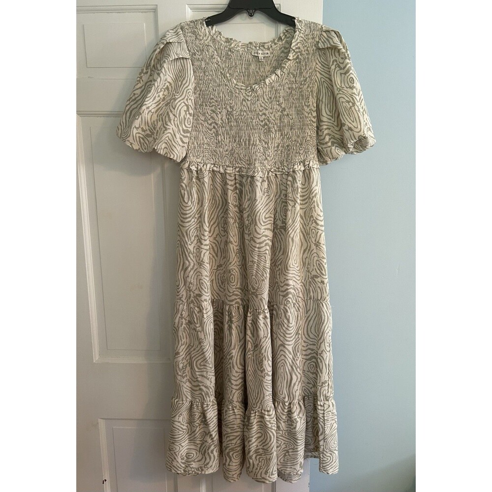 Anthropologie Moon River Peasant Boho Smocked Puff Sleeve Ruffle Maxi Dress - M